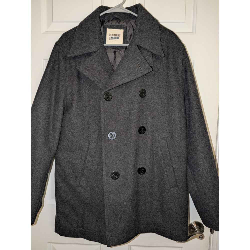 Old Navy Wool Blend Pea Coat Charcoal Gray Nautical Anchor Button M